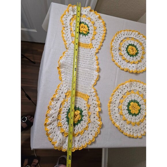 Handmade Crochet Doily Set 3 Pieces Yellow & White Floral Design - Picture 4 of 4